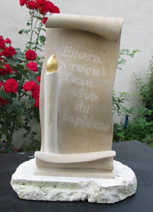 Sculpture pour un Baptême, avec gravure
